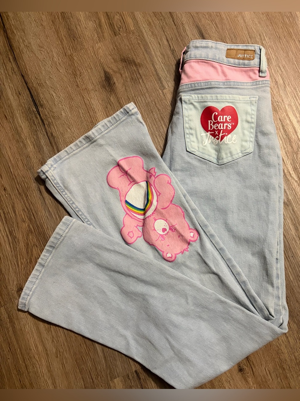 Justice - Light Wash Jeans with Pink Care Bears Appliqué - Size 16